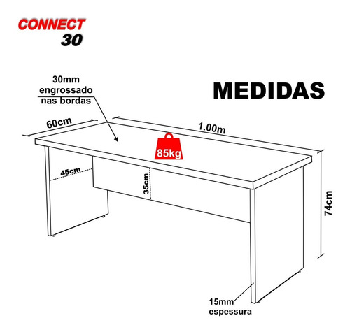 Mesa 1.00x60 Para Escritório Escrivaninha Linha Connect