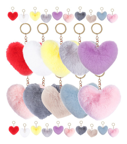30 Llaveros De Corazón Con Pompones - Lote Al Mayoreo Mix De Colores