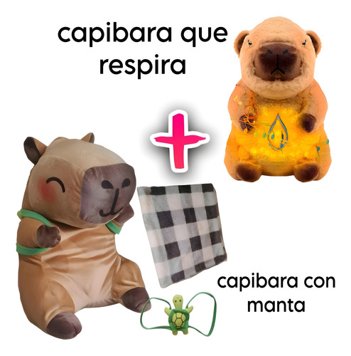 Peluche Capibara Que Respira + Peluche Capibara Con Manta Marrón Claro