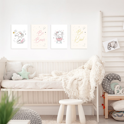 Imagem 2 de 7 de Placas Decorativas Elefante Rosa Para Quarto 20x30cm Kit 4un
