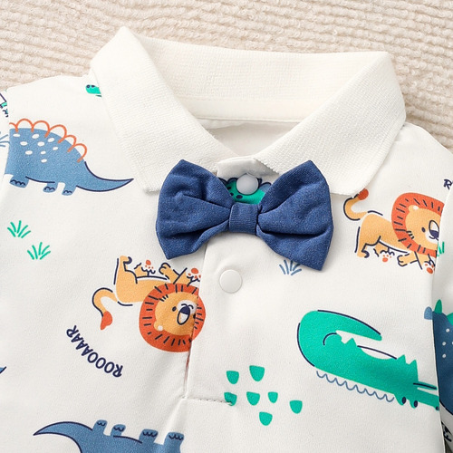 Conjunto Bebé Estilo Caballero Con Estampado De Dinosaurio Blanco 0-3 M