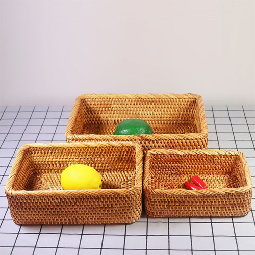 Cesta Retangular Tecida À Mão Rattan Candy Storage Picnic Tr