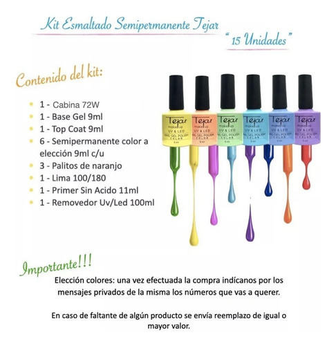 Imagen 5 de 10 de Kit Inicial X 15u. Tejar Manicuria Semipermanente Led/ Uv