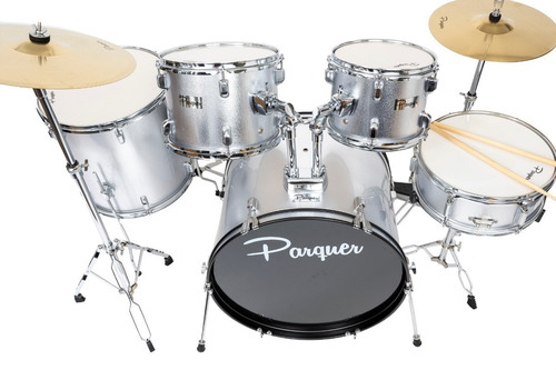 Imagen 2 de 11 de Bateria Acústica Parquer 5 Cuerpos Plateada Platillo Soporte