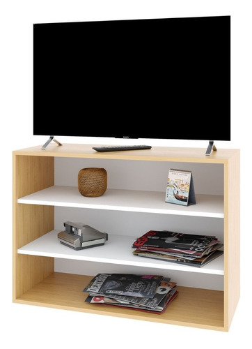 Rack Mueble Para Tv 40  Melamina Biblioteca Baja Modular  Color Roble Natural Con Blanco