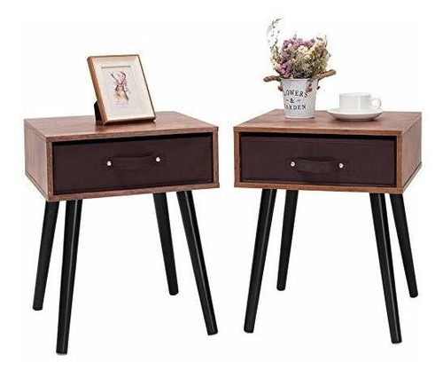 Midcentury Nightstand Set Of 2  End Table With 1 Storag...