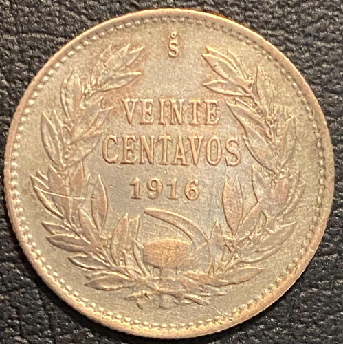 Moneda Chilena 20 Cent. Año 1916 Águila Sobre Roca, Ley 0.45