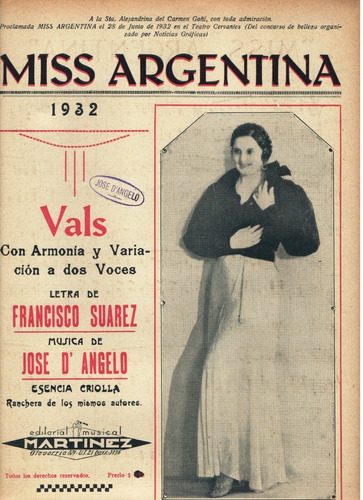 Partitura Del Vals Miss Argentina 1932 De Suárez Y D' Angelo