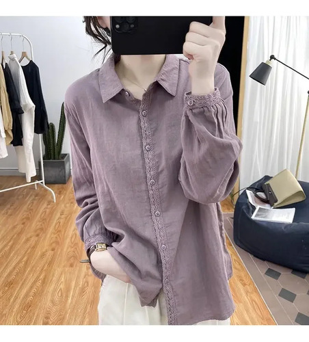 Camisa De Manga Larga Con Encaje Y Algodón Para Mujer