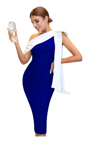 Vestido Bandage Azul Rey/blanco Un Hombro Sexy Elegante Casu