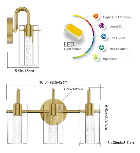 Lámparas De Baño Doradas 3 Luces Modernas Con Cristal De Bur