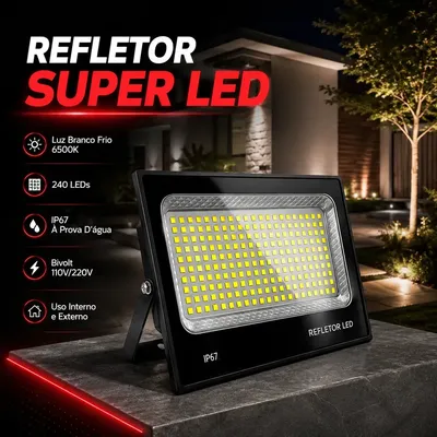 Refletor Super Led 600w Ip67 Holofote Bivolt Prova D'água Branco Frio 6500k Preto Commlite