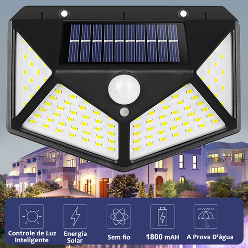 Kit 5 Luminária Solar 100 Led Com Sensor Jardim Prova Dágua