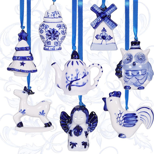 8 Piezas De Adornos Navideños De Porcelana Chinesca Az...