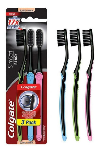 Escova Dental Colgate Slim Soft Black Suave Macia 3 Unidades