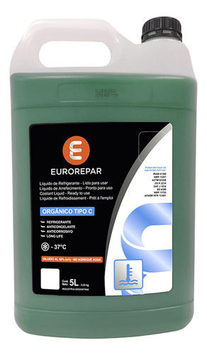 Liquido Anticongelante Eurorepar Organico Verde 5 Lts