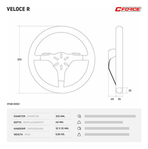 Imagen 2 de 4 de Volante Deportivo Veloce R 355 Tapizado Gamuza Negra Collino