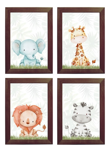 Kit 4 Quadros Decorativos Safari Aquarela Baby Moldura Vidro