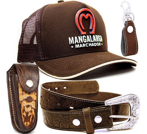 Kit Presente Bone Mangalarga Cinto Couro Patch Chapeu Bainha