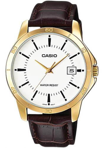 Reloj pulsera Casio MTP-V004 con correa de cuero color marrón - fondo blanco - bisel dorado