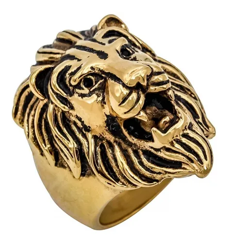 Anillo Cabeza De Leon En Acero Dorado Cuotas sin inter s