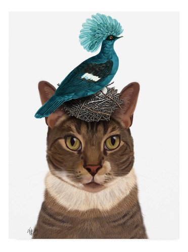Trademark Fine Art Gato Con Nido Y Pájaro Azul En Cabeza P.