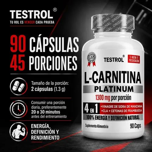 L Carnitina, Platinum 200 Cpsulas | Carnitina + Vinagre de Manzana  Organico, Cla y Cetonas de Frambuesa | Apoyo Metablico | Pre Workout |  Energa y Rendimiento para Hombres y Mujeres| Testrol TSN | Meses sin  inters