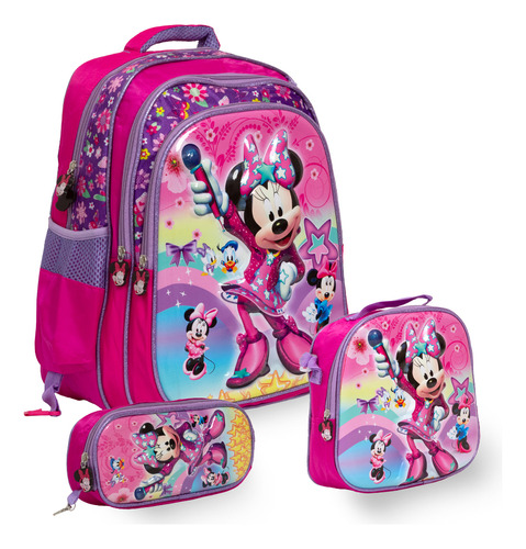 Kit Mochila Escolar Menina Minnie Desenho Criança 3 Pçs