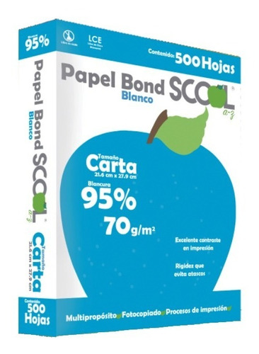 Papel Bond Carta 95% Blancura 70gr Scool Caja 5,000 Hojas Color Blanco