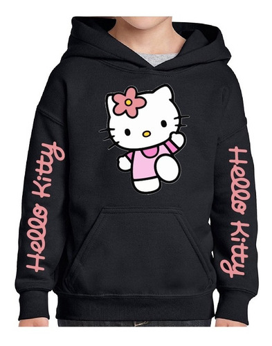 Buzo Canguro Hoodie Negro Hello Kitty Mangas - Unisex