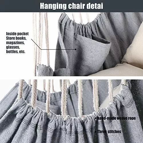 Hammock Chair Hanging Swing 2 Seat Cushions Included, Durable Spreader Bar  Soft Cotton Weave Hanging Chair Side Pocket Large Tassel Chair Set Foot Rest  Support Calf Foot Extra Comfortable -Beige 