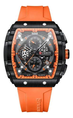 Relógio masculino de luxo elegante Curren 8442, pulseira laranja, moldura preta, fundo preto