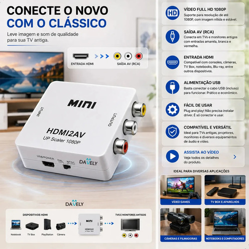 Mini Adaptador Hdmi Para Rca Conversor Full Hd Vídeo Hdmi P/ Vídeo Rca 2av - Conectar Seus Aparelhos Com Saída Hdmi Em Sua Tv - Converter Qualquer Sinal Hdmi - Full Hd Marca Davely Branco