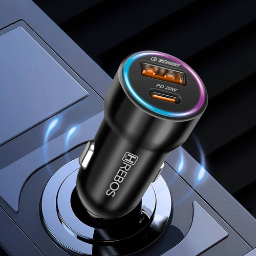 Carregador Veic. Turbo Pd 20w Saídas Usb+tipo-c C/ Led Rgb Cor Preto