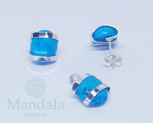 Set Aretes Y Dije Plata .925 Y Turquesas