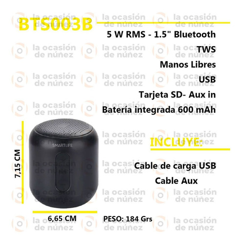 Imagen 2 de 6 de Parlante Smartlife Bluetooth Portatil Plug Aux Usb Bts003