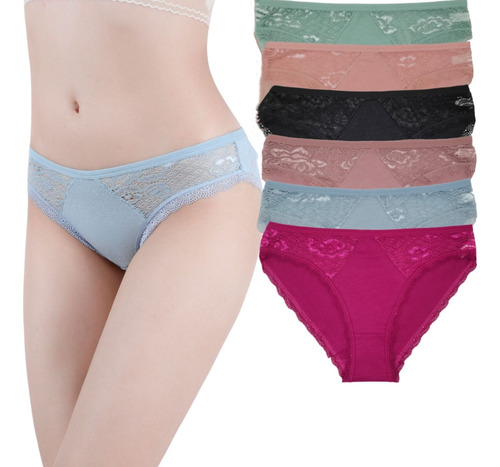 Pack De 6 Bragas Panty Con Encaje Ropa Interior Algodon