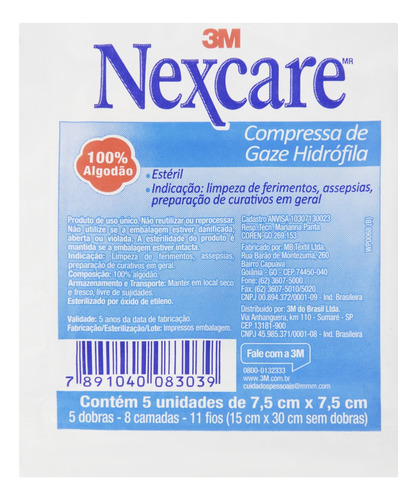 Compressa de Gaze Estéril Nexcare 7,5cm x 7,5cm Pacote 5 Unidades