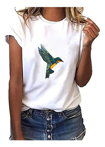 Camiseta Holgada Con Cuello Redondo Y Estampado De Pajarito