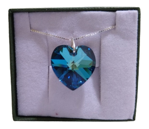 Colar Coração Cristal Swarovski Bermuda Blue  Prata 925