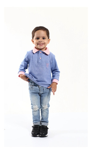 Camisa Polo Infantil Azul Claro Com Rosa Manga Longa