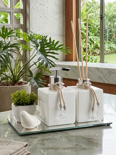 Kit Banheiro Porta Sabonete Líquido  Aromatizador De Ambiente Branco