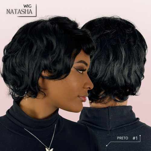 Peruca Curta Lisa Ondulada Natasha Bio Fibra Short Bob Wig