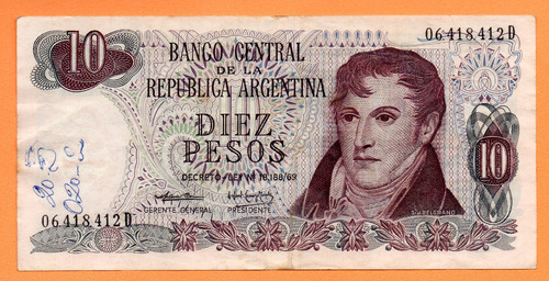 Billete 10 Pesos Ley, Bottero 2352, Año 1974 Bueno Escritura