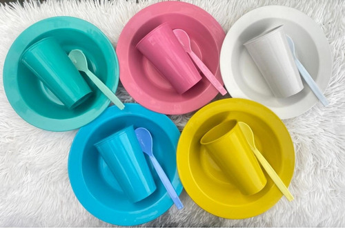Prato Colorido Infantil Colher Copo Microondas Lanche Fundo Cor Sortido Lisa