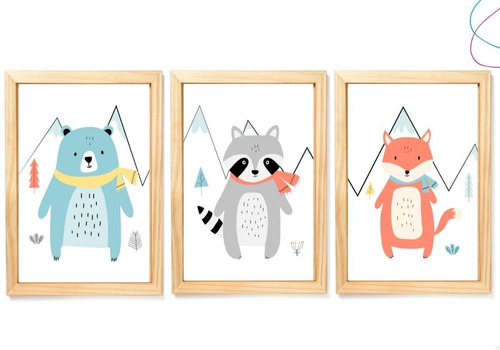 3 Quadros Decorativos Infantil Raposinha Urso Montanha