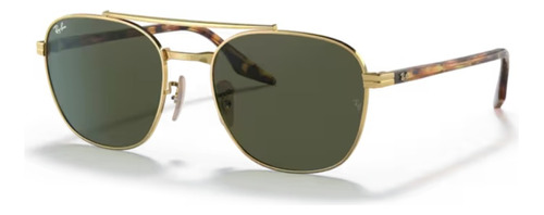 Óculos De Sol - Ray-ban - Rb3688 001/31 55 Armação Ouro Haste Havana Amarelo Vintage Lente Verde Desenho Quadrado