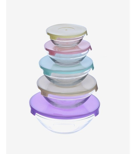 Set 5 Bowls Vidrio Con Tapa Plastica Colores Pastel Carol 
