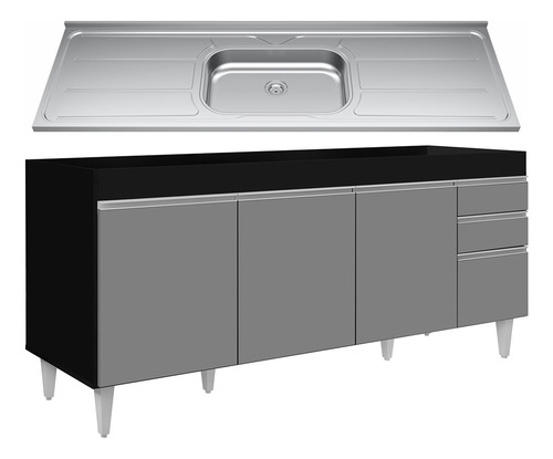 Balcão Gabinete Cozinha Com Pia Inox 180cm Dallas Lumil Cor Preto/Cinza