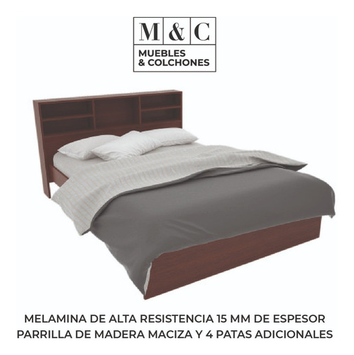 Imagen 4 de 9 de Cama De Dos Plazas Con Respaldo Repisa Melamina 1,50m Ancho